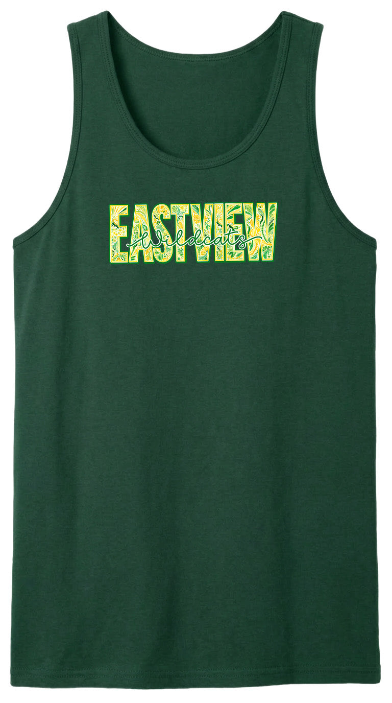 A dark green tank top with the word "EASTVIEW" printed on it in a stylized font.