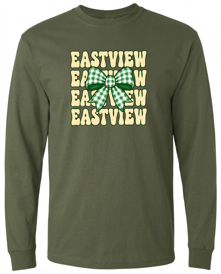 A long-sleeved green t-shirt with a graphic design featuring a green and white checkered bow and the text "EASTVIEW" repeated in a vertical pattern.