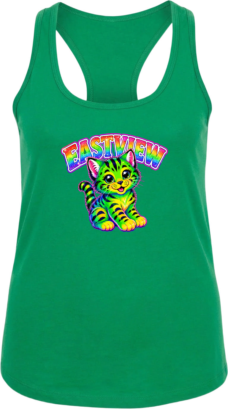 A green tank top with a colorful graphic of a cat and the text "EASTVIEW" printed on it.