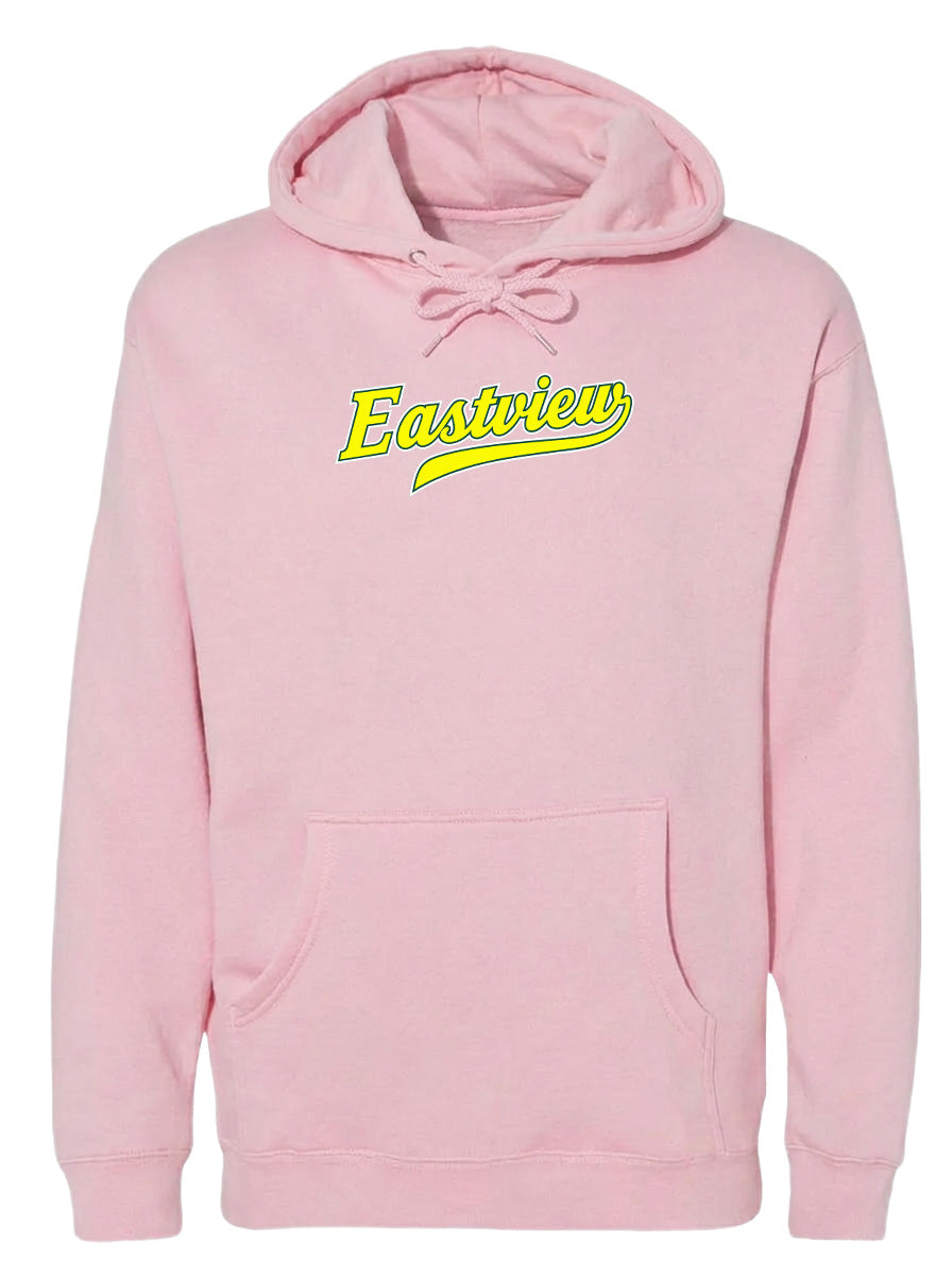 A pink hoodie with the word "Eastview" printed on it in yellow.