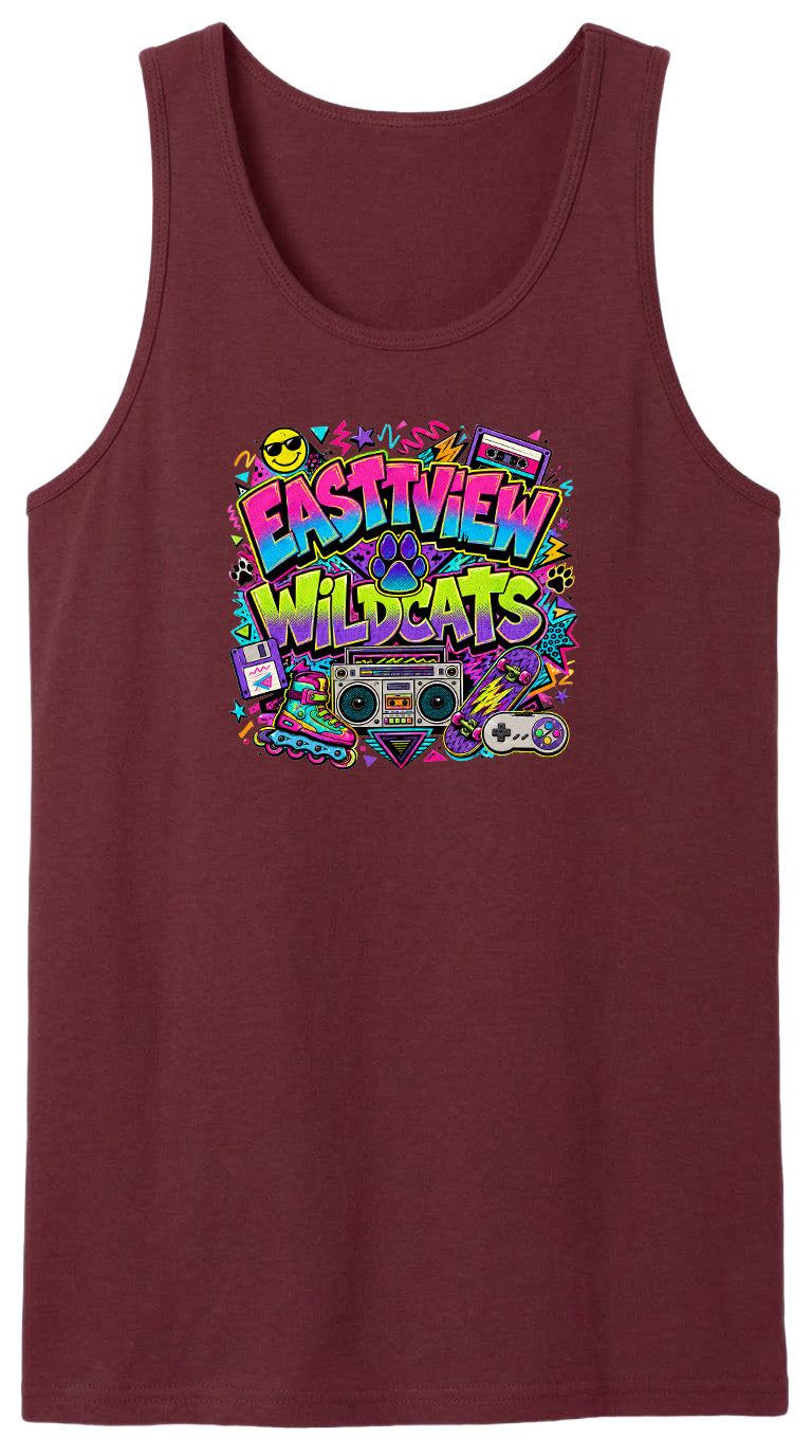 A burgundy tank top with a colorful graphic design featuring the text "EASTVIEW WILDCATS" surrounded by various icons and elements, such as a boombox, sunglasses, and a retro-style camera.