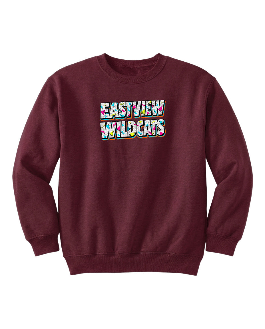 A burgundy sweatshirt with the text "EASTVIEW WILDCATS" printed on it.