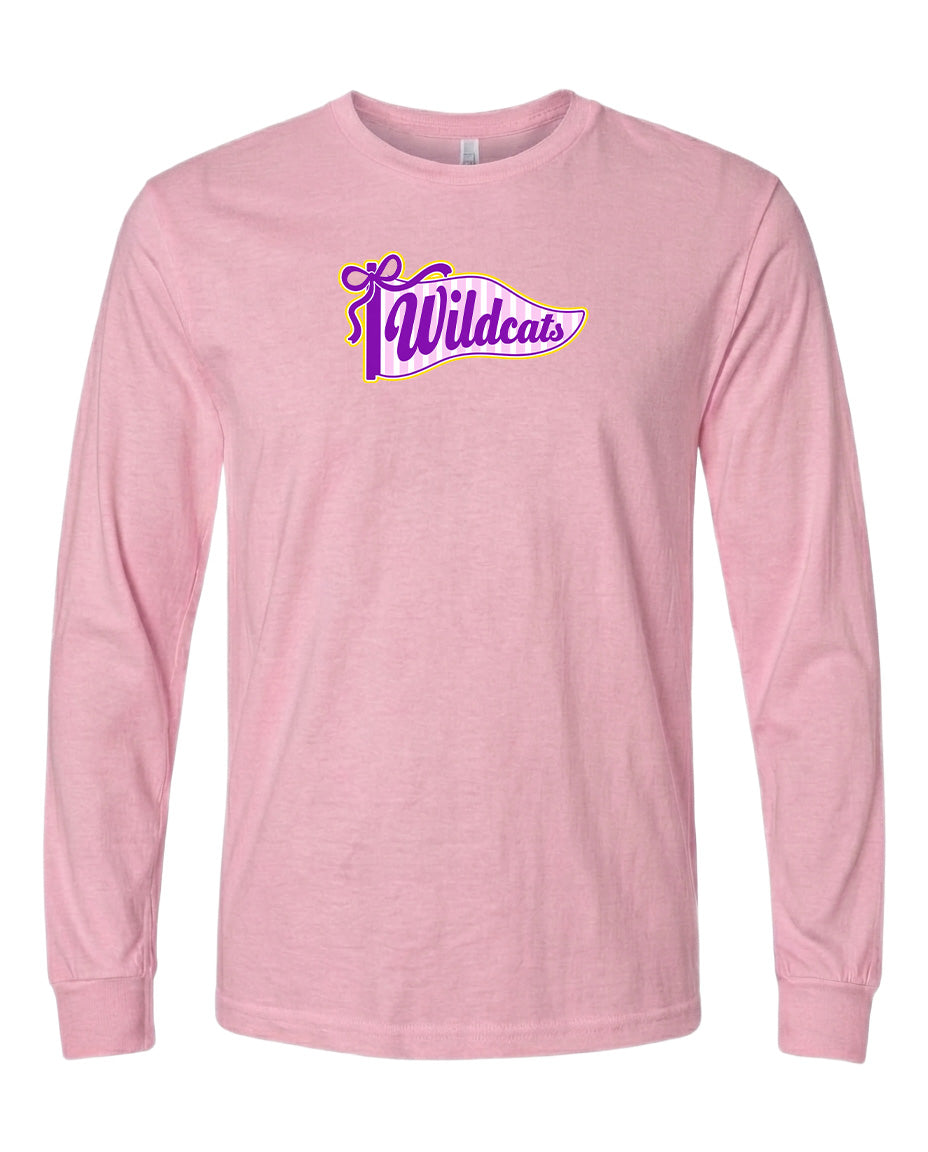A pink long-sleeved t-shirt with a purple and yellow graphic design on the front.