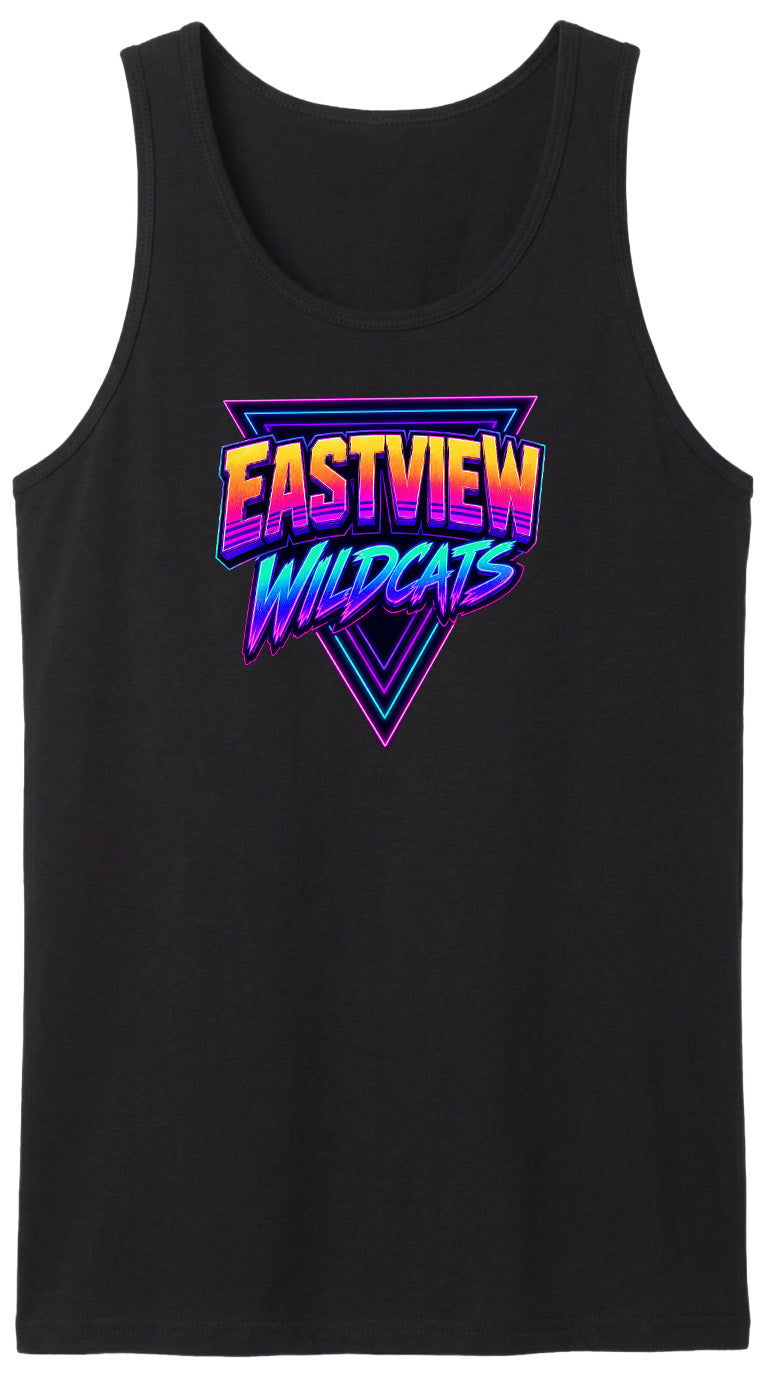 A black tank top with a colorful graphic design featuring the text "EASTVIEW WILDCATS" in a retro style.