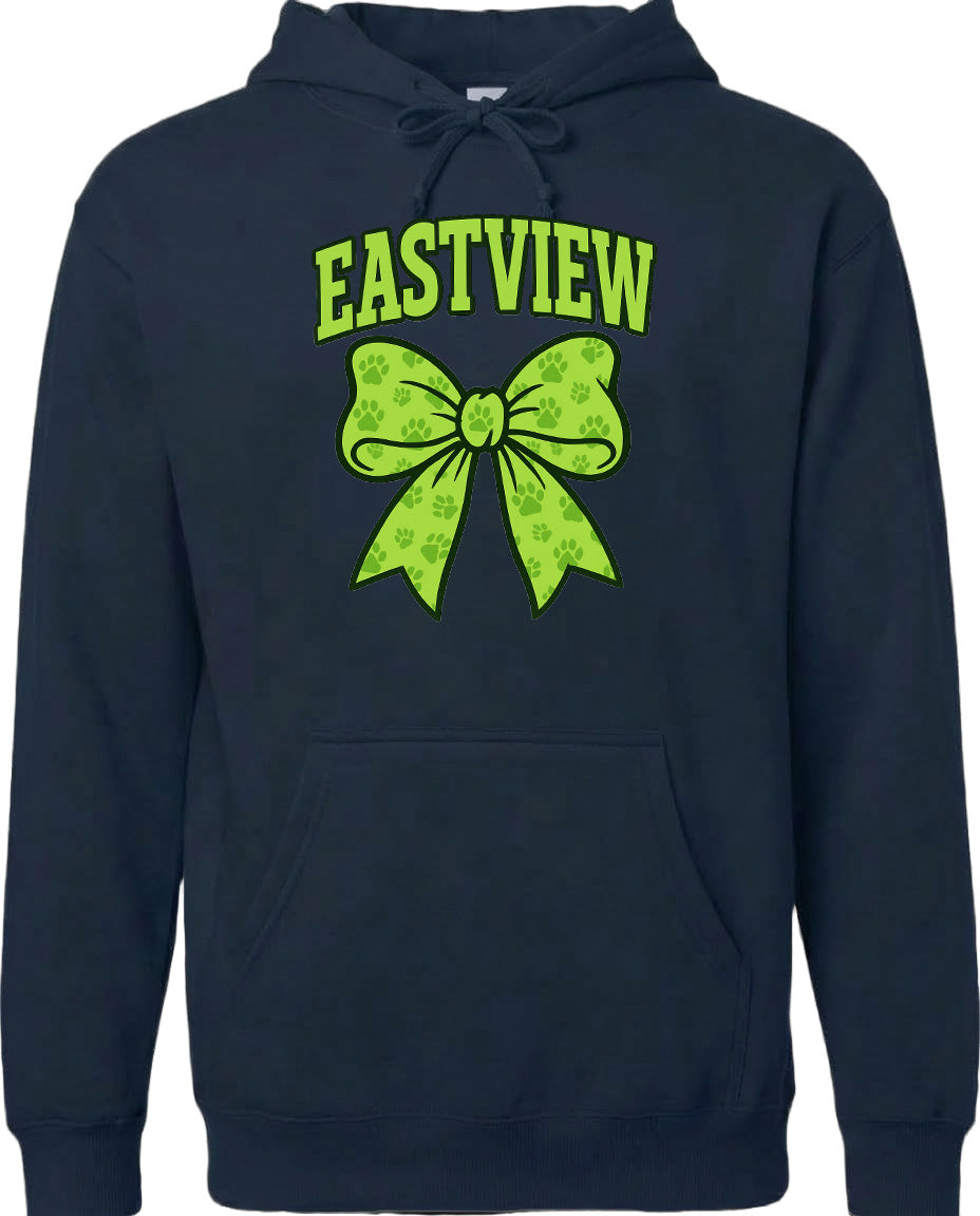 A navy blue hoodie with a green bow and paw prints printed on it.