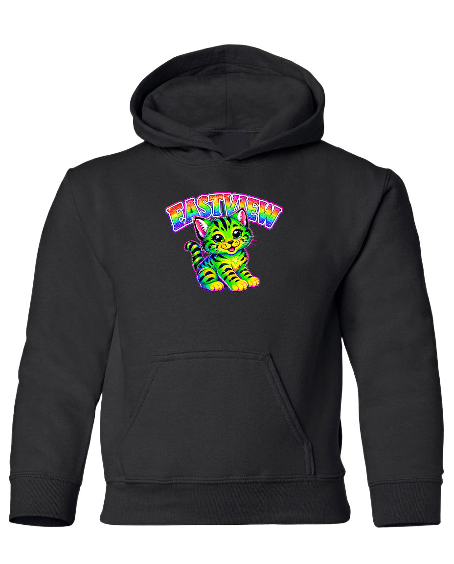 A black hoodie with a colorful graphic of a cat and the text "EASTVIEW" printed on it.