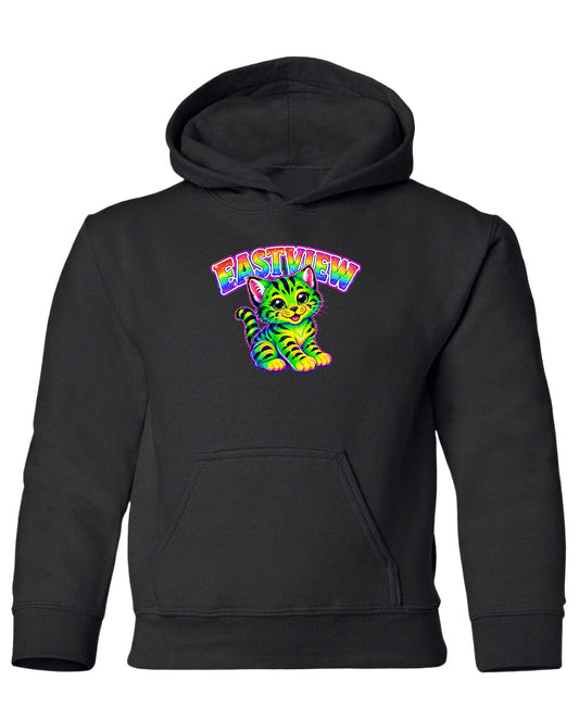 A black hoodie with a colorful graphic of a cat and the text "EASTVIEW" printed on it.
