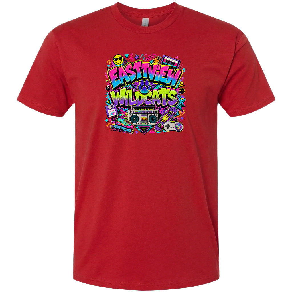 A red t-shirt with a colorful graphic design featuring a boombox surrounded by various icons and text.