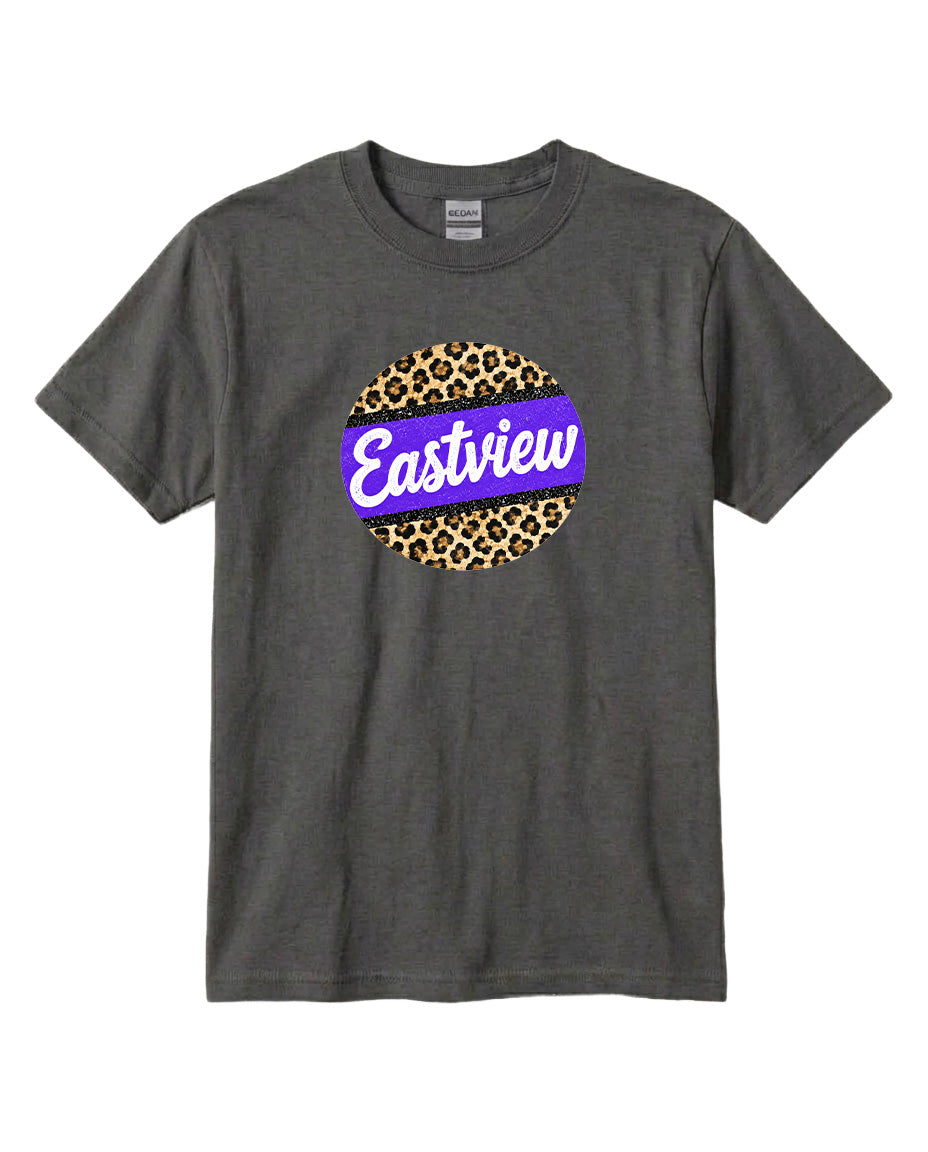 A gray t-shirt with a circular graphic design on the front. The design consists of a purple circle with a leopard print pattern inside it, and the word "Eastview" written in white cursive letters.