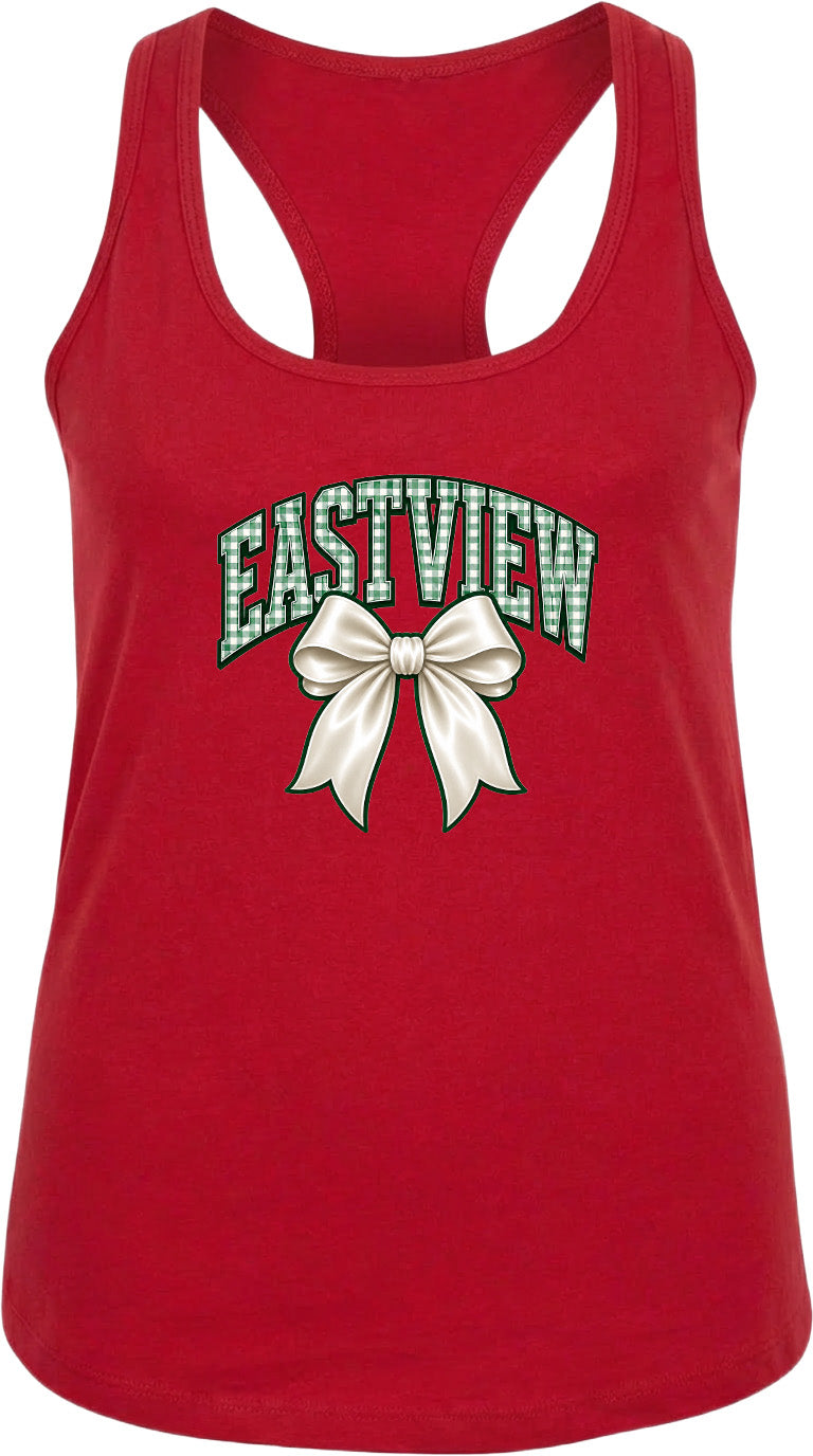 A red tank top with a bow and the word "EASTVIEW" printed on it.