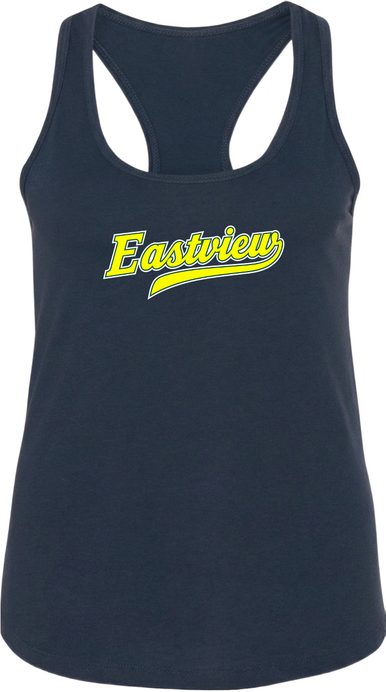 A navy blue tank top with the word "Eastview" printed in yellow on the front.