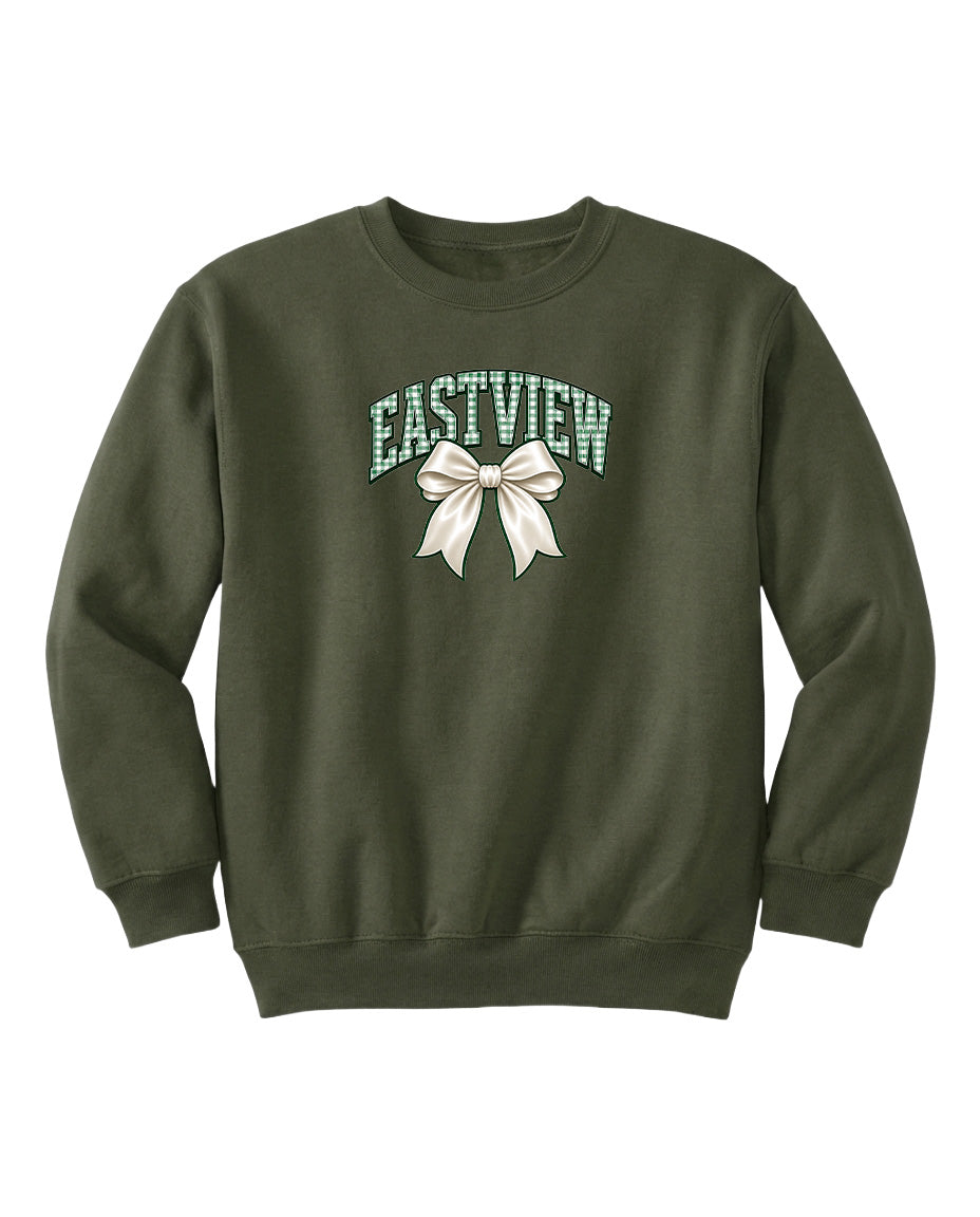 A dark green sweatshirt with a white bow and the word "EASTVIEW" printed on it.