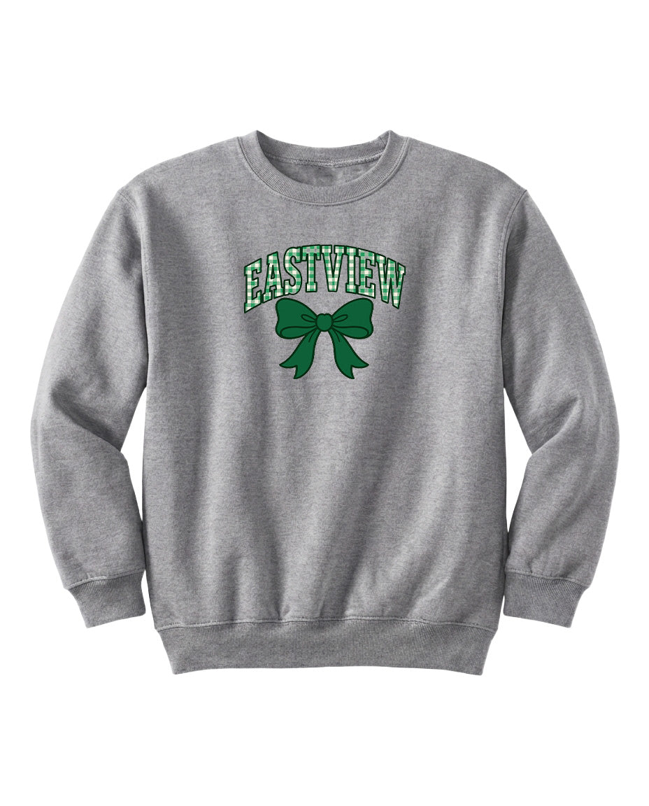 A gray sweatshirt with the text "EASTVIEW" and a green bow graphic printed on it.