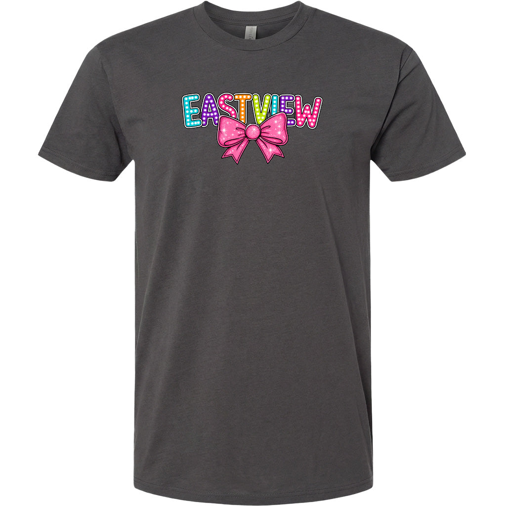 A gray t-shirt with a colorful graphic design featuring the word "EASTVIEW" with a bow on the left side.
