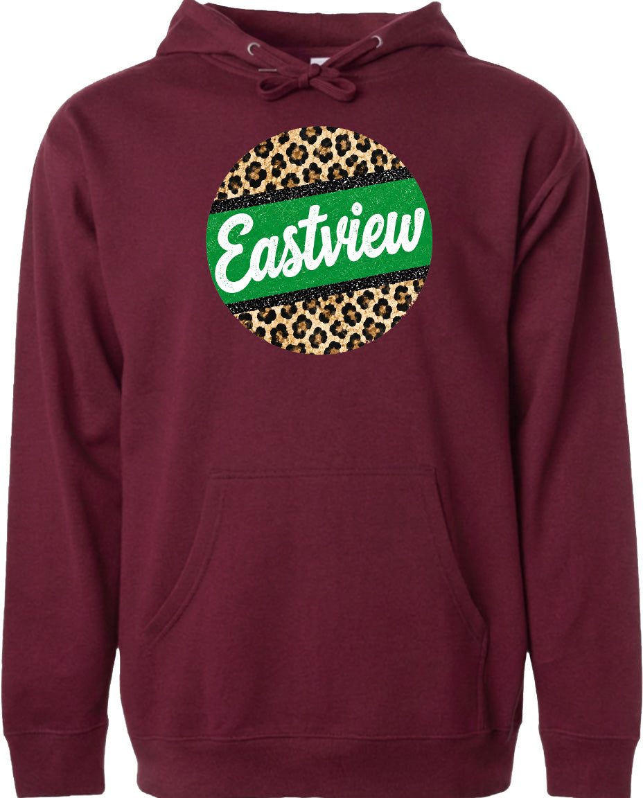 A burgundy-colored hoodie with a leopard print design and the word "Eastview" printed on it.