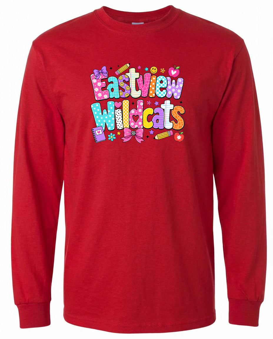 A red long-sleeved t-shirt with a colorful graphic design featuring the text "Eastview Wildcats" in a playful font.