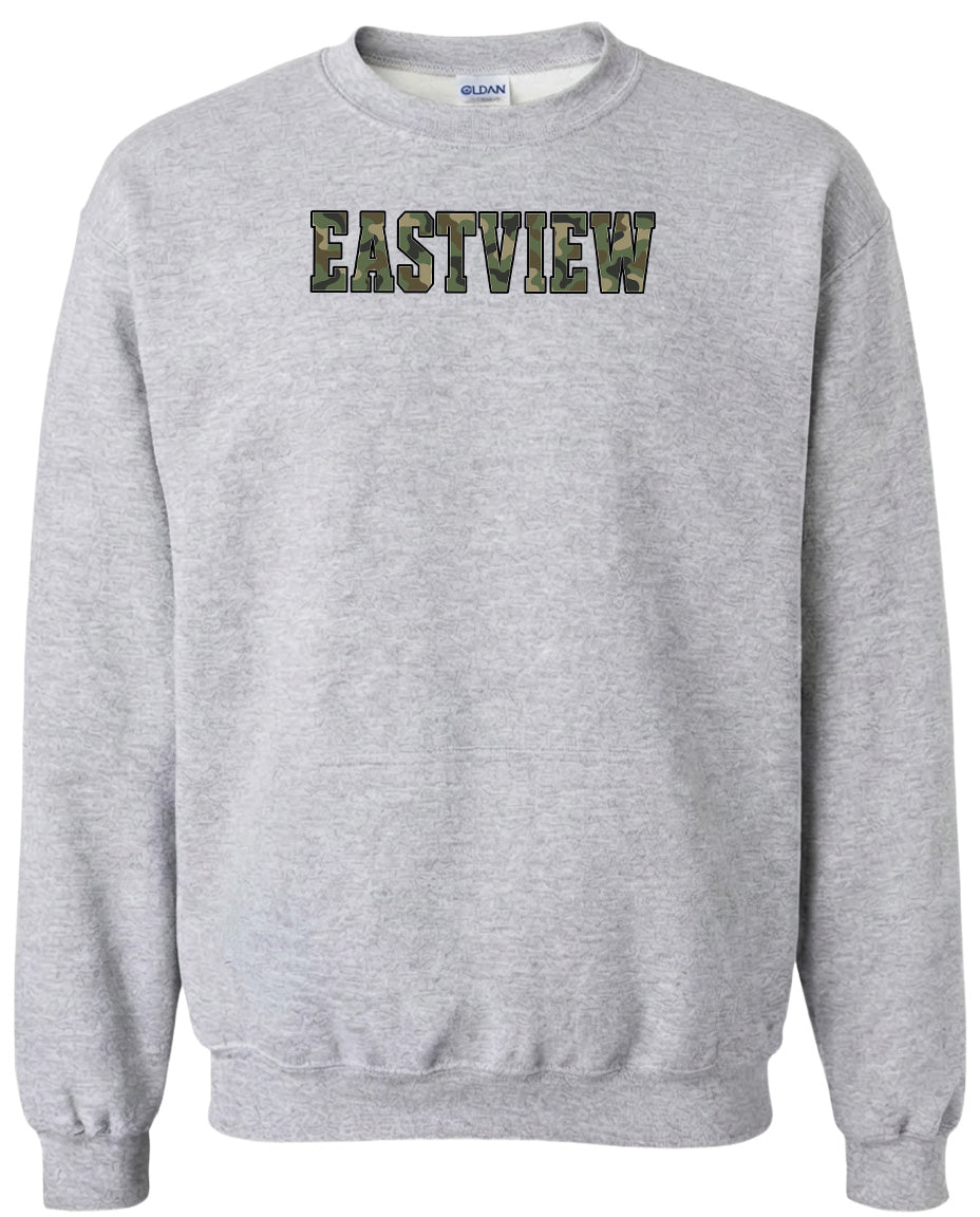 A grey sweatshirt with the word "EASTVIEW" printed on it in a camouflage pattern.