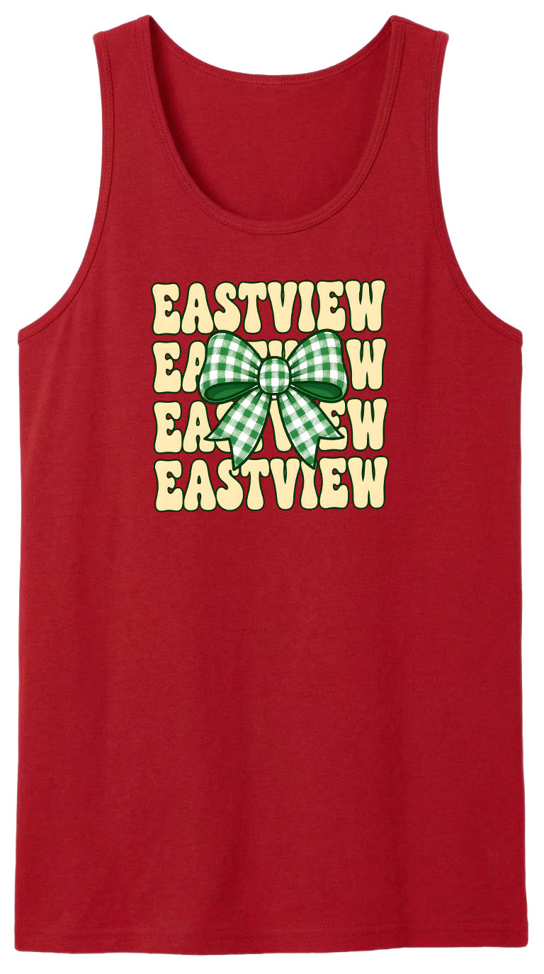 A red tank top with a green and white checkered bow and the text "EASTVIEW" printed on it.