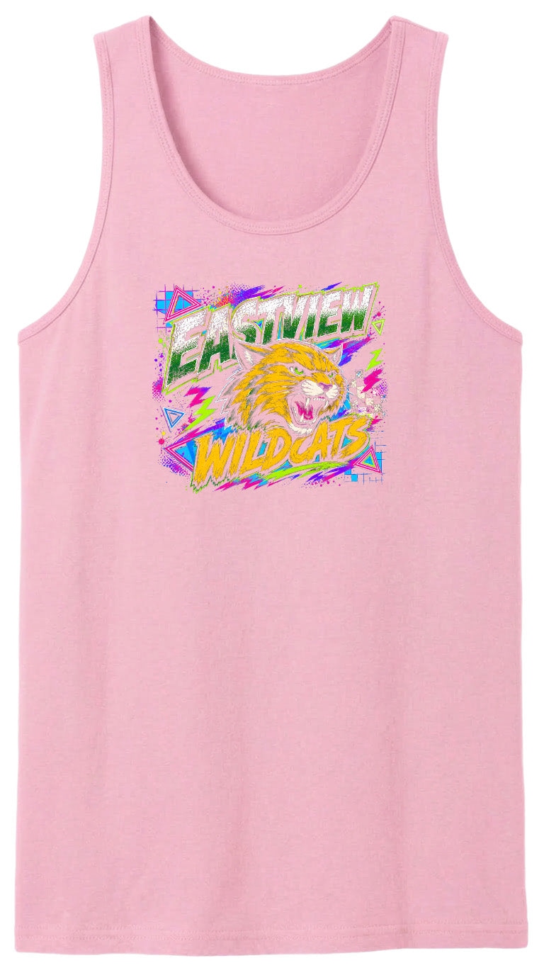 A pink tank top with a graphic design featuring a yellow and green cartoon cat with the text "EASTVIEW WILDCATS" on it.