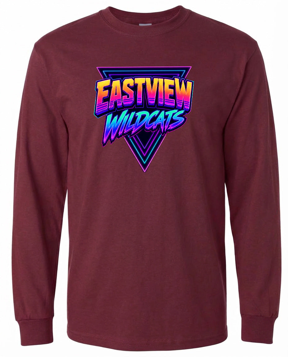 A burgundy long-sleeved t-shirt with a graphic design featuring the text "EASTVIEW WILDCATS" in a colorful, retro-style font.