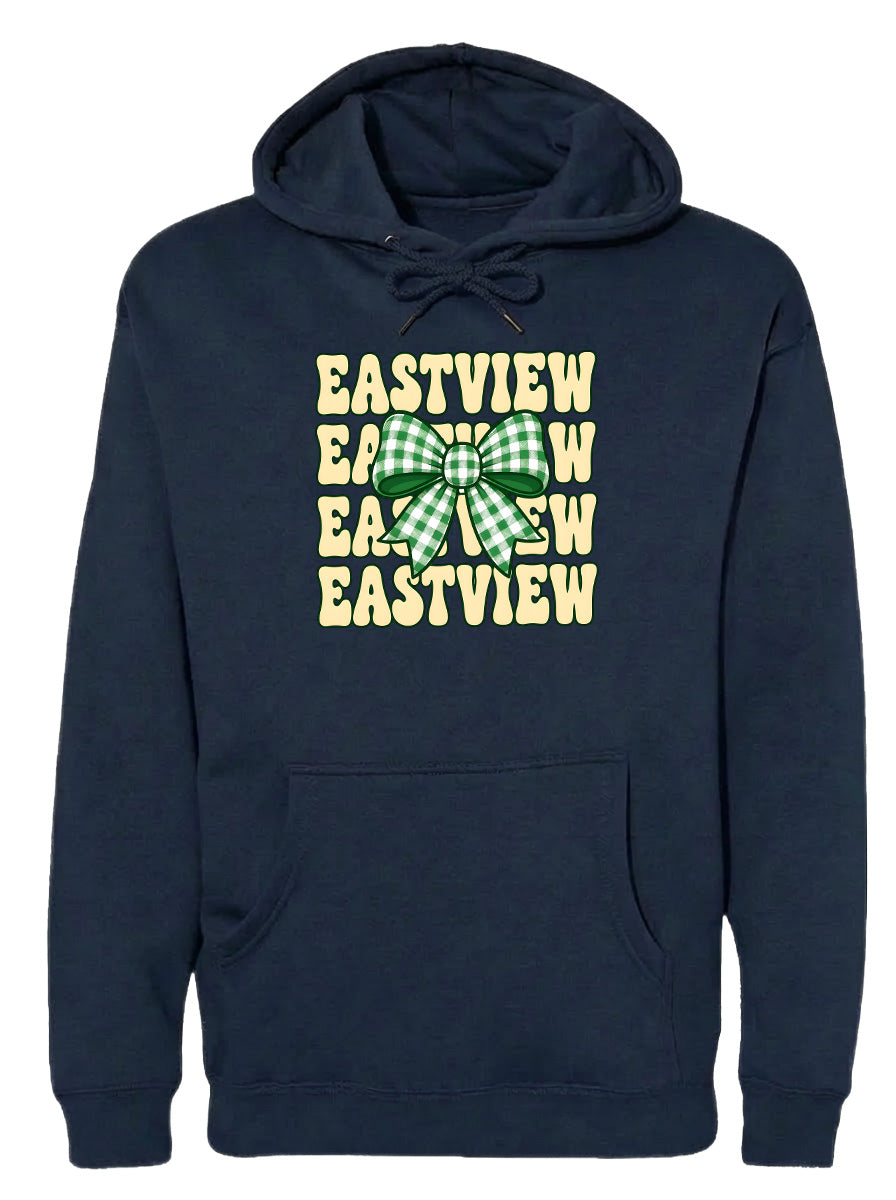 A navy blue hoodie with a graphic design featuring a green and white bow on the front.