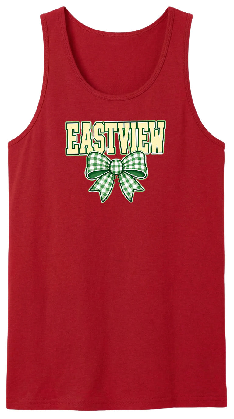 A red tank top with a green and white bow graphic and the word "EASTVIEW" printed on it.
