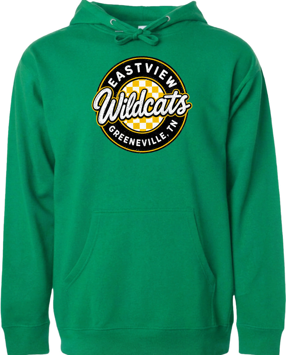 A bright green hoodie with a logo on the front.