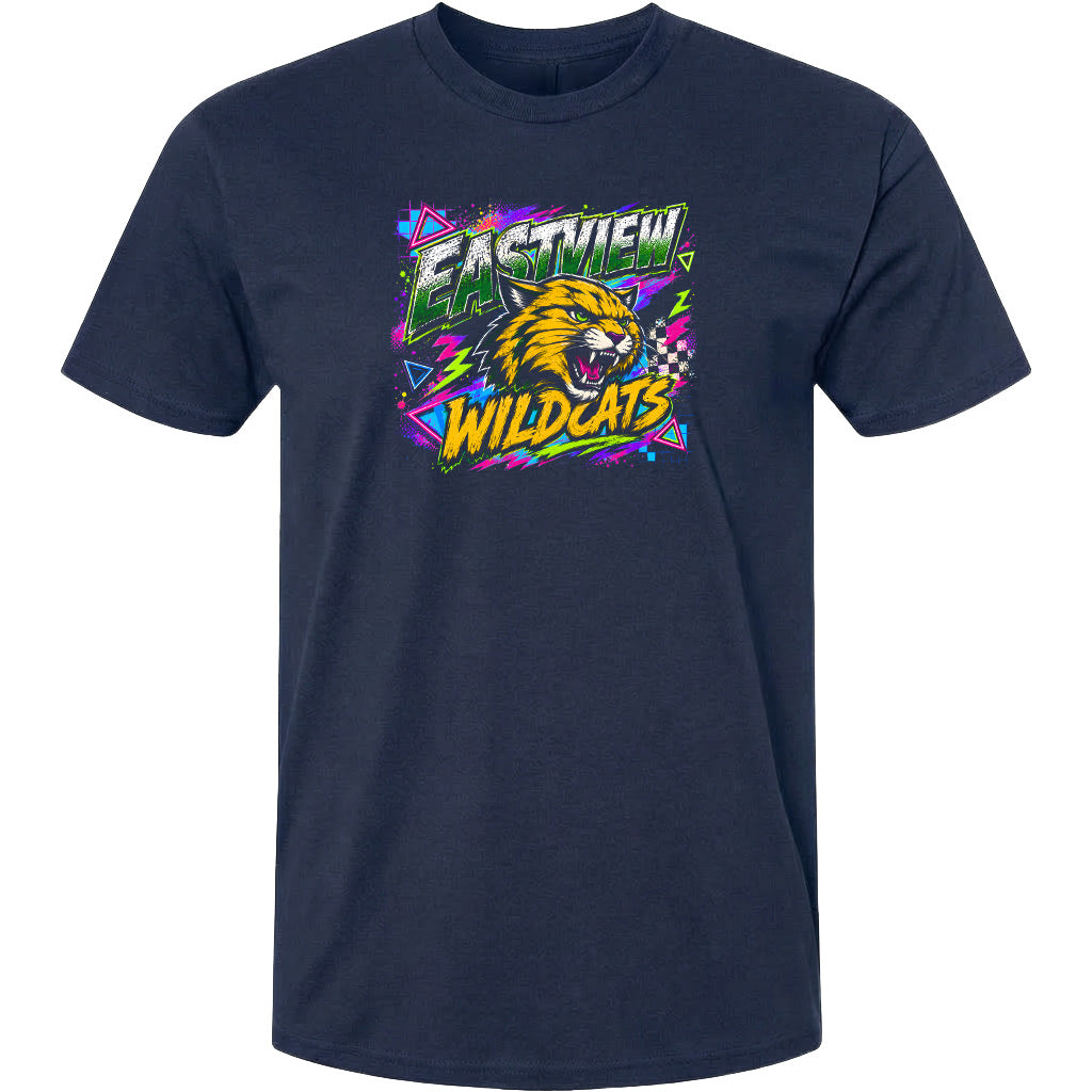 A navy blue t-shirt with a graphic design featuring a stylized depiction of a wildcat and the text "EASTVIEW WILDCATS" in a colorful, retro-inspired style.
