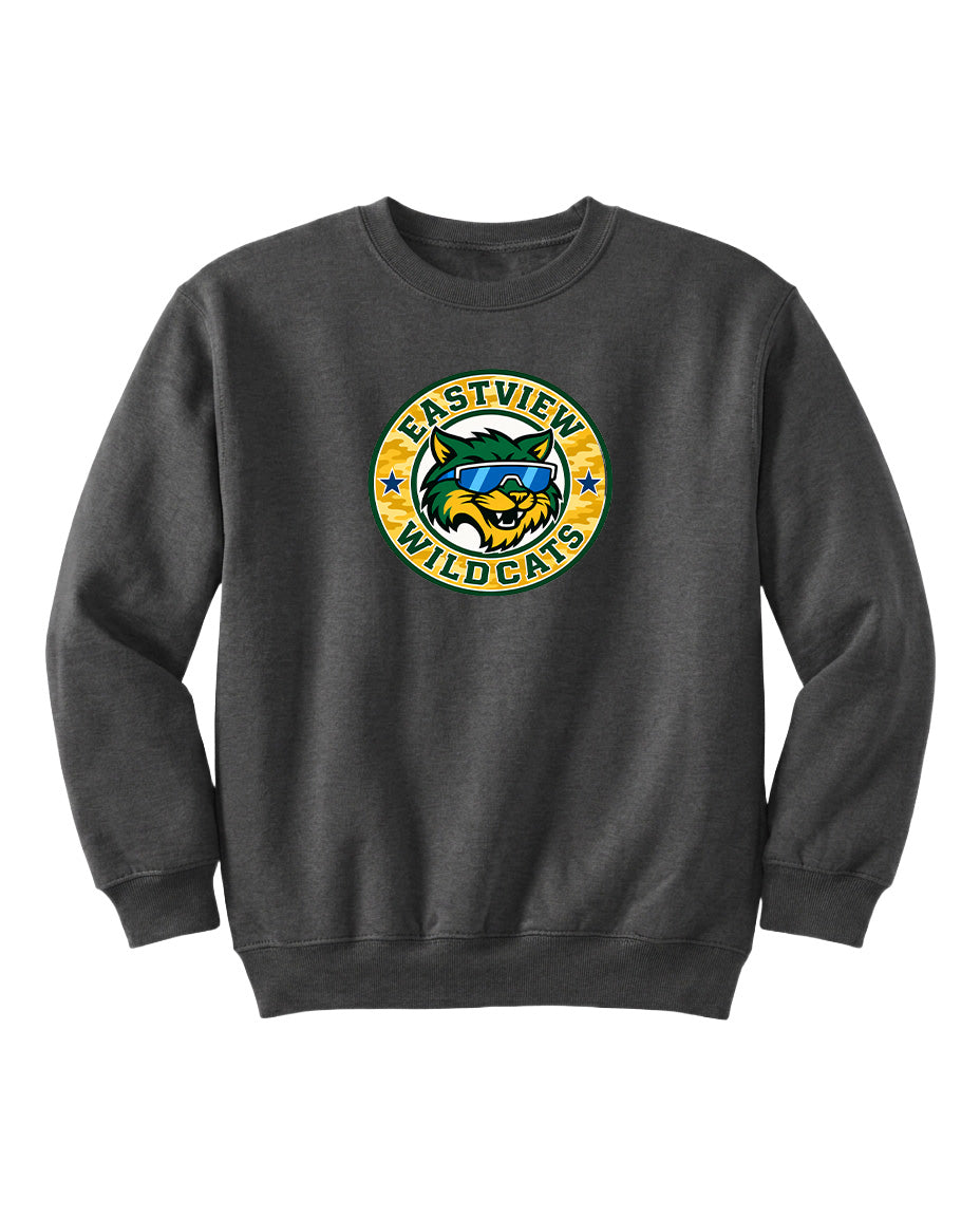A gray sweatshirt with a logo on the front.
