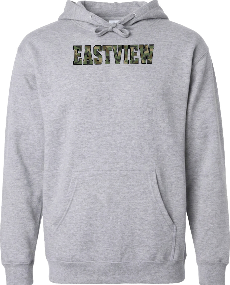 A grey hooded sweatshirt with the word "EASTVIEW" printed on it in a camouflage pattern.