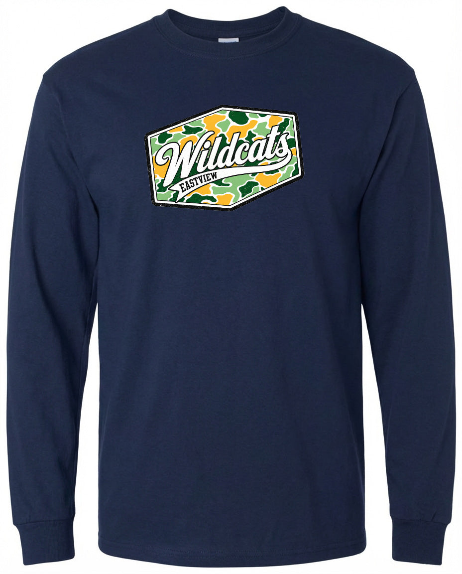 A navy blue long-sleeved shirt with a camouflage-patterned logo on the front.