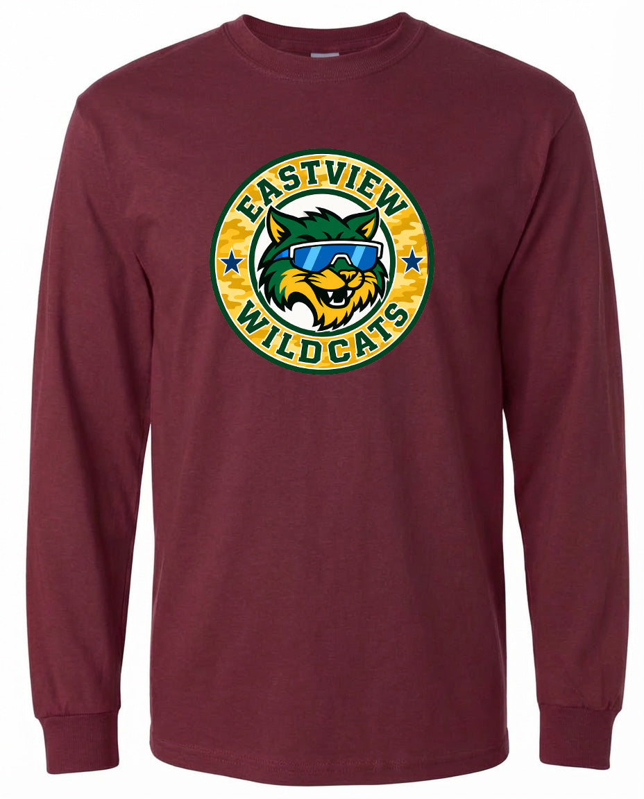 A burgundy long-sleeved t-shirt with a graphic design featuring a cartoon cat wearing sunglasses and surrounded by a circular logo with the text "EASTVIEW WILDCATS".