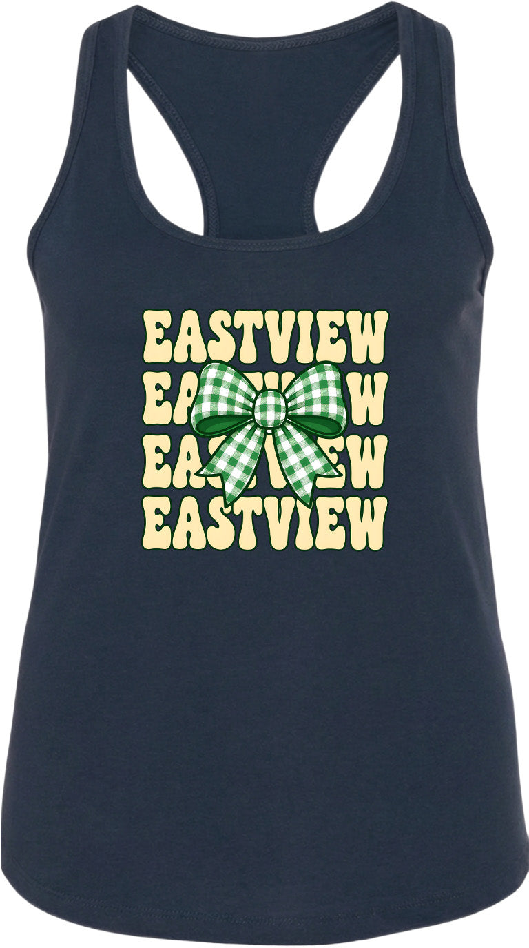 A navy blue tank top with a graphic design featuring a green and white bow and the text "EASTVIEW EASTVIEW EASTVIEW" repeated across it.