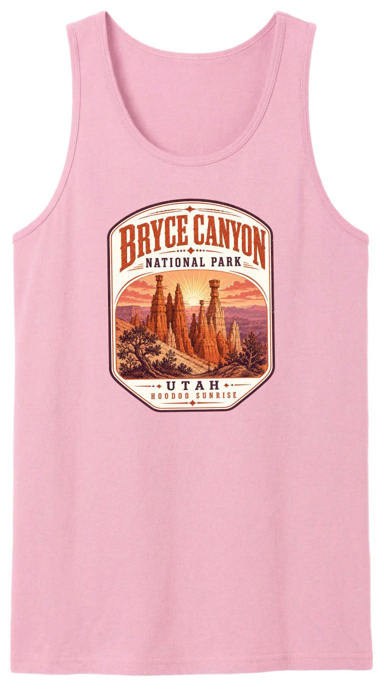 A pink tank top with a graphic design depicting Bryce Canyon National Park and Utah's Hoodoos sunrise.