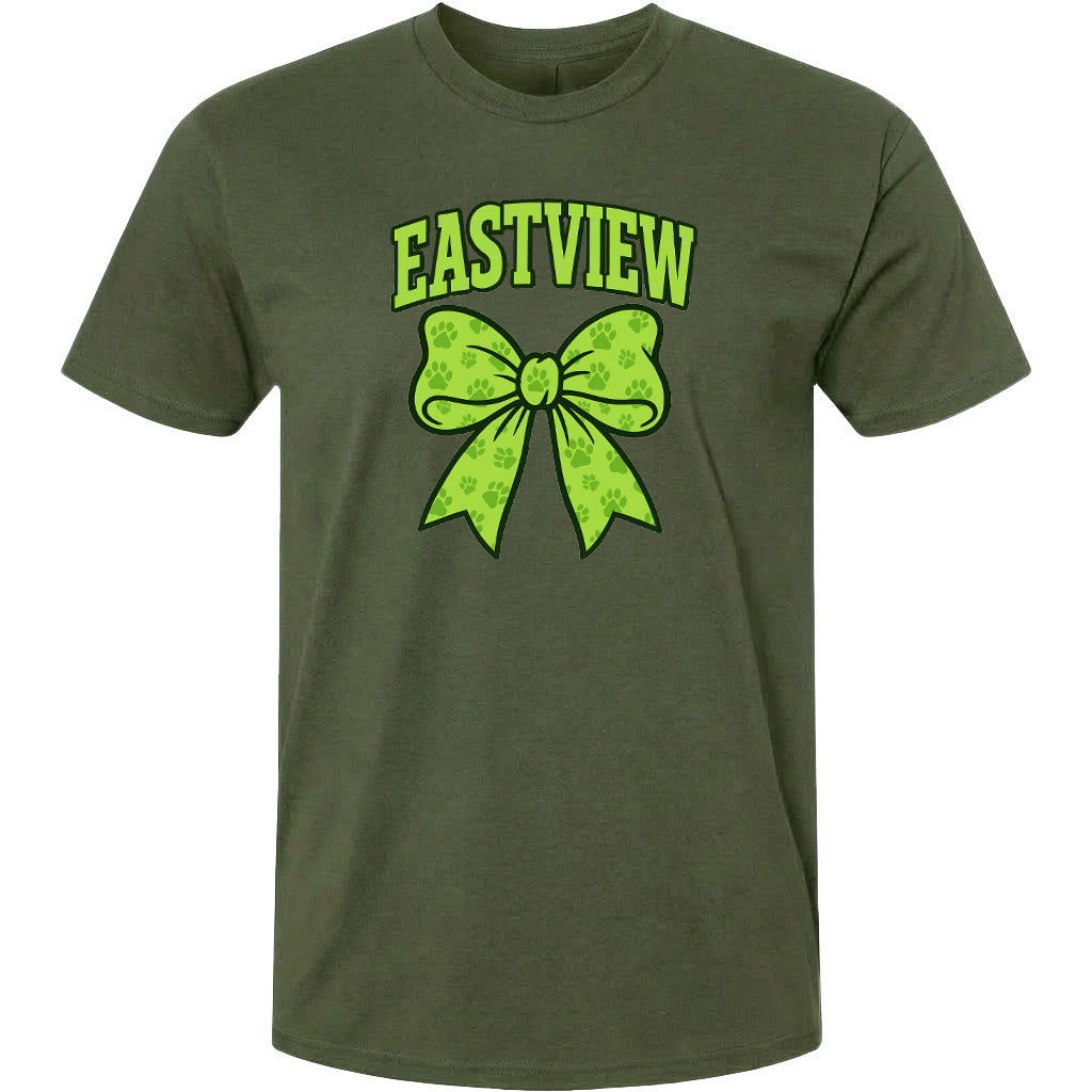 A green t-shirt with a large green bow and the text "EASTVIEW" printed on it.
