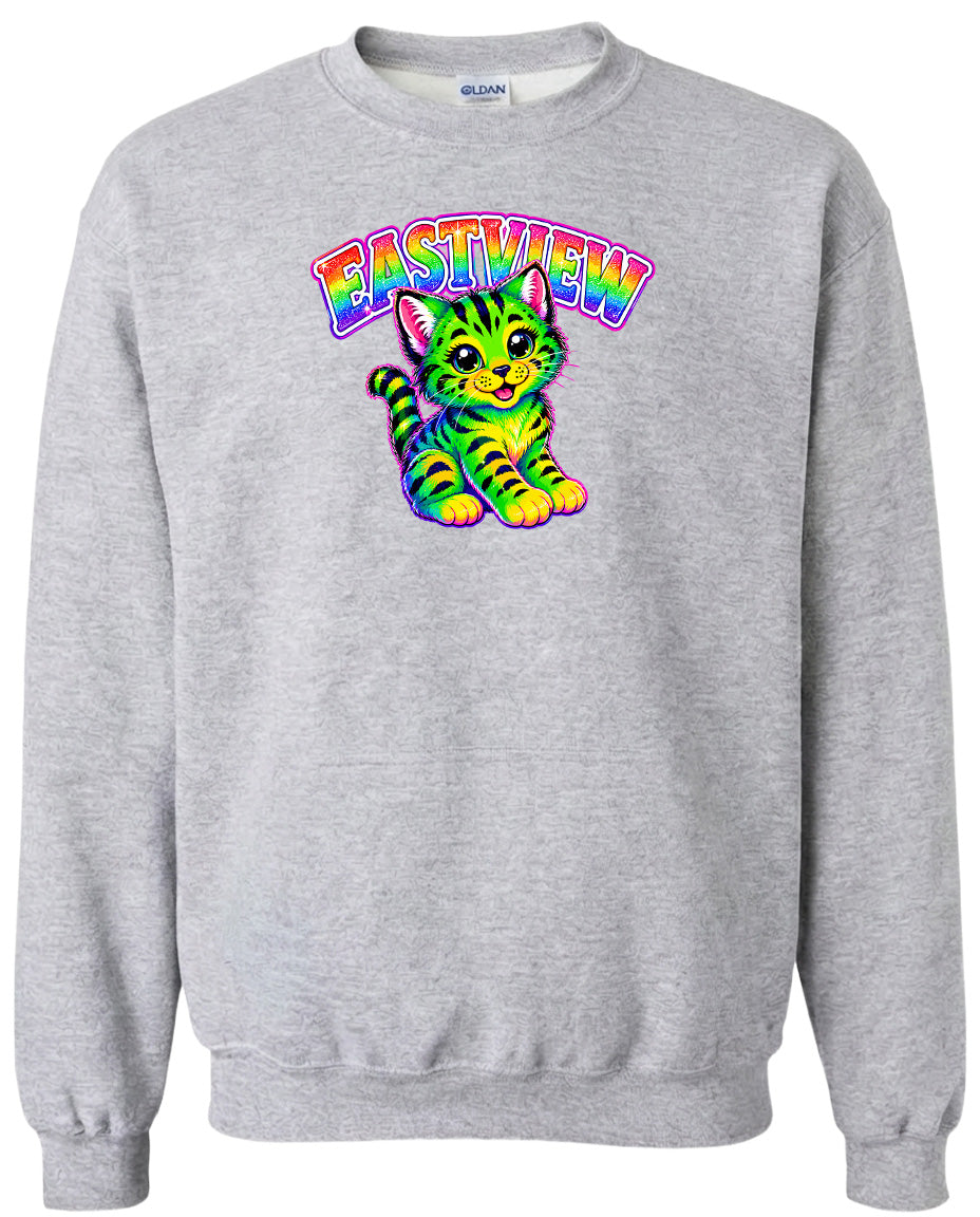 A gray sweatshirt with a colorful graphic of a cat and the text "EASTVIEW" printed on it.