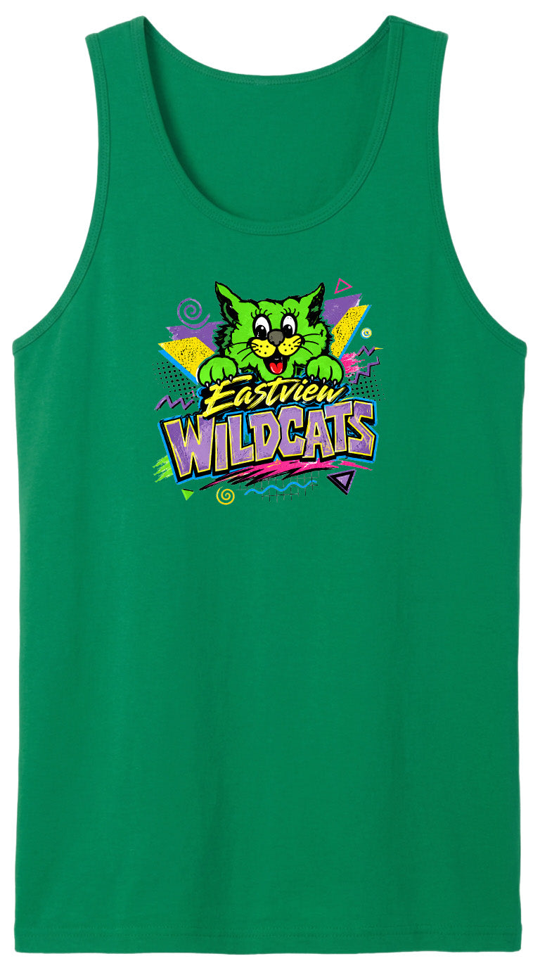A green tank top with a colorful graphic design featuring a cartoon cat and the text "Evan's Wildcats".