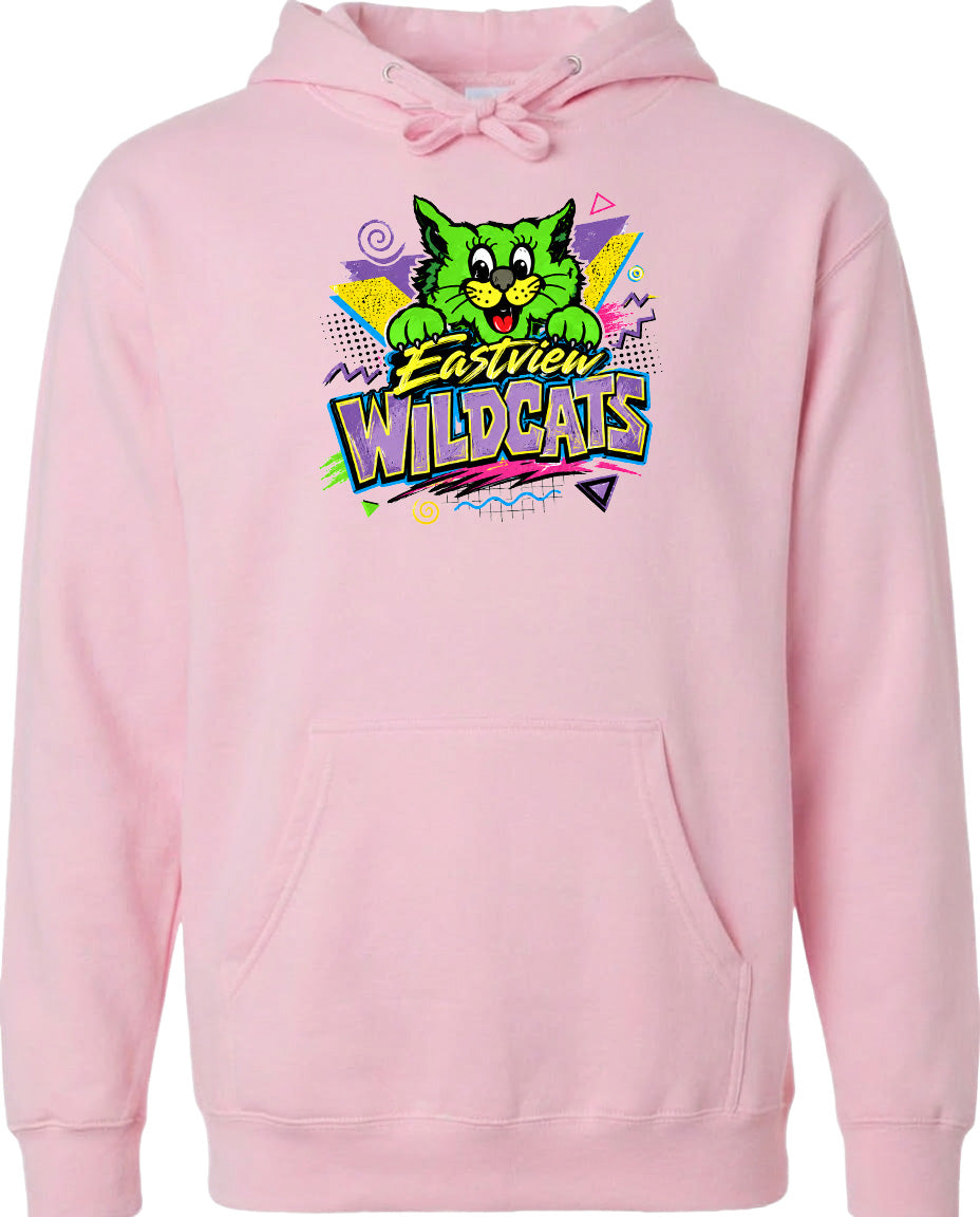A pink hoodie with a graphic design featuring a cartoon cat and the text "EasTV WildCats" printed on it.
