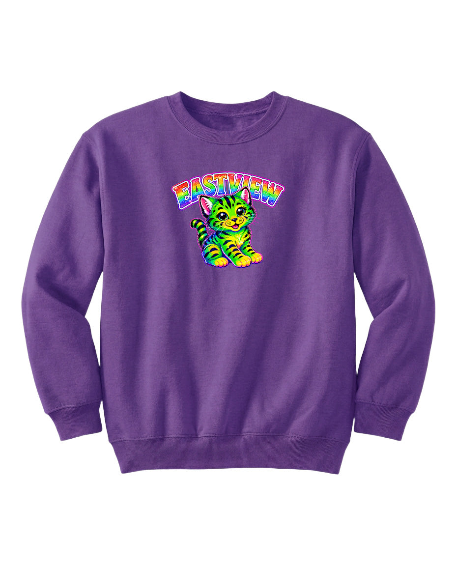 A purple sweatshirt with a colorful graphic of a cat and the word "EASTVIEW" printed on it.