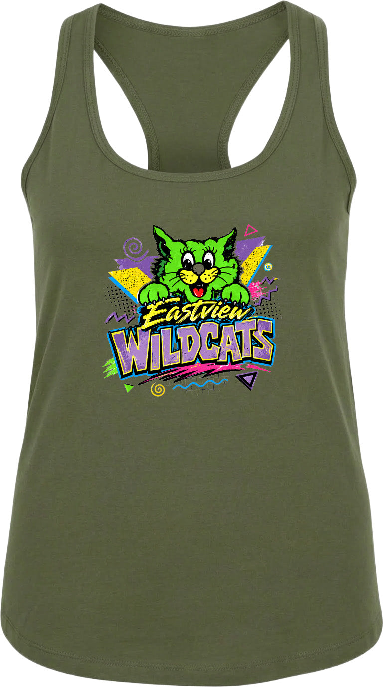 A green tank top with a colorful graphic design featuring a cartoon cat and the text "Eastview Wildcats".