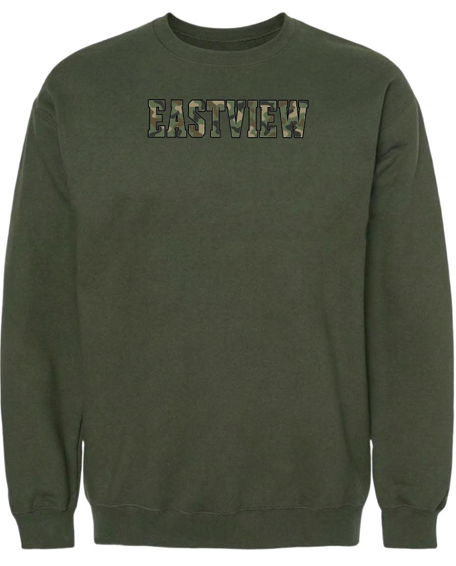 A dark green sweatshirt with the word "EASTVIEW" printed on it in a camouflage pattern.