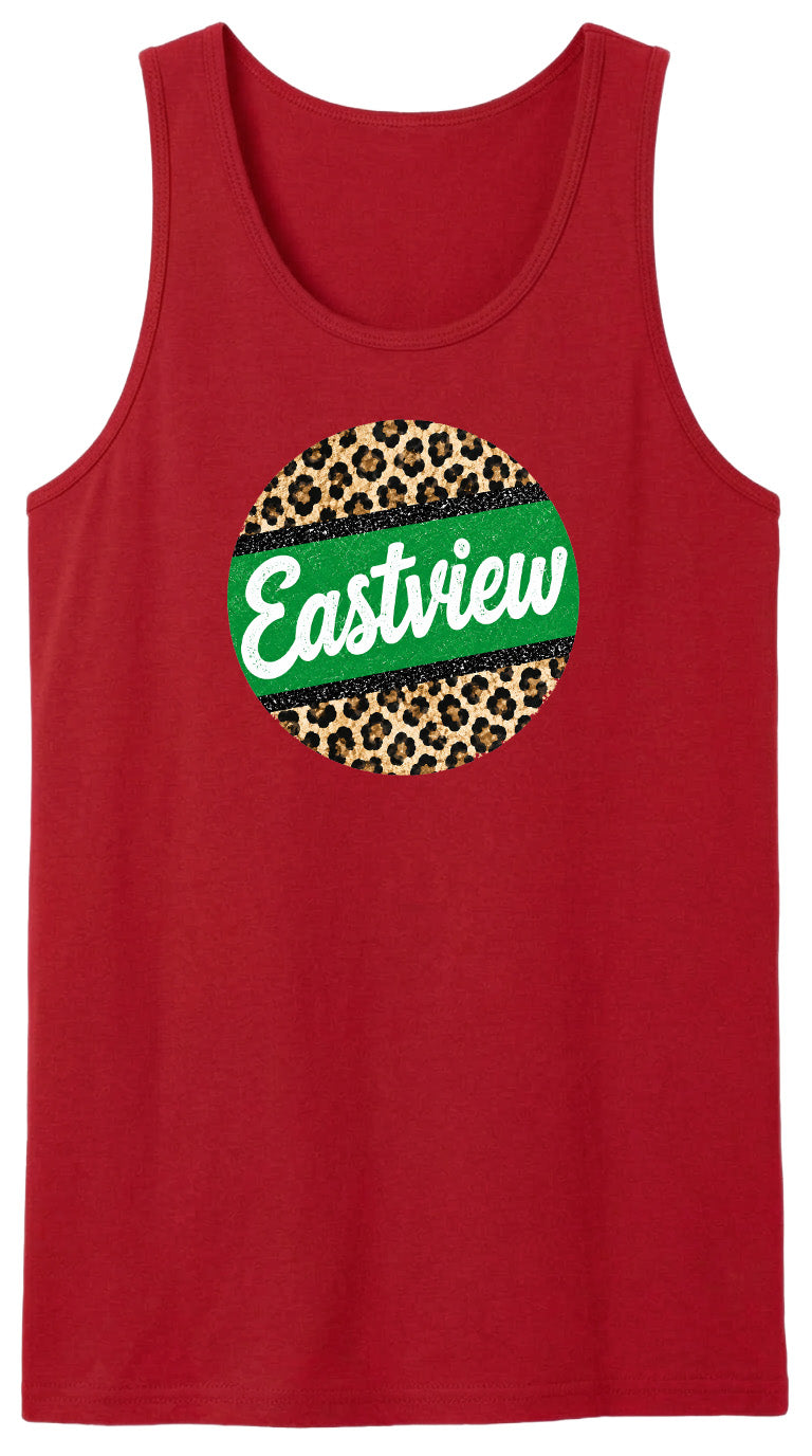 A red tank top with a green and leopard print circular logo on it.