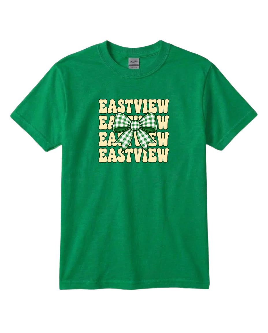 A green t-shirt with a graphic design featuring the text "EASTVIEW" in a stylized font, surrounded by a bow pattern.