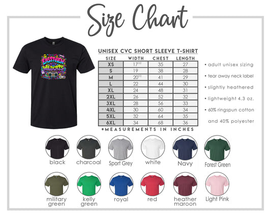 The image is a size chart for a short sleeve t-shirt, providing measurements for different sizes, including adult and child. It also includes color options for the t-shirt, such as black, charcoal, sport grey, navy, forest green, military, kelly, royal, red, Heather, and light pink.