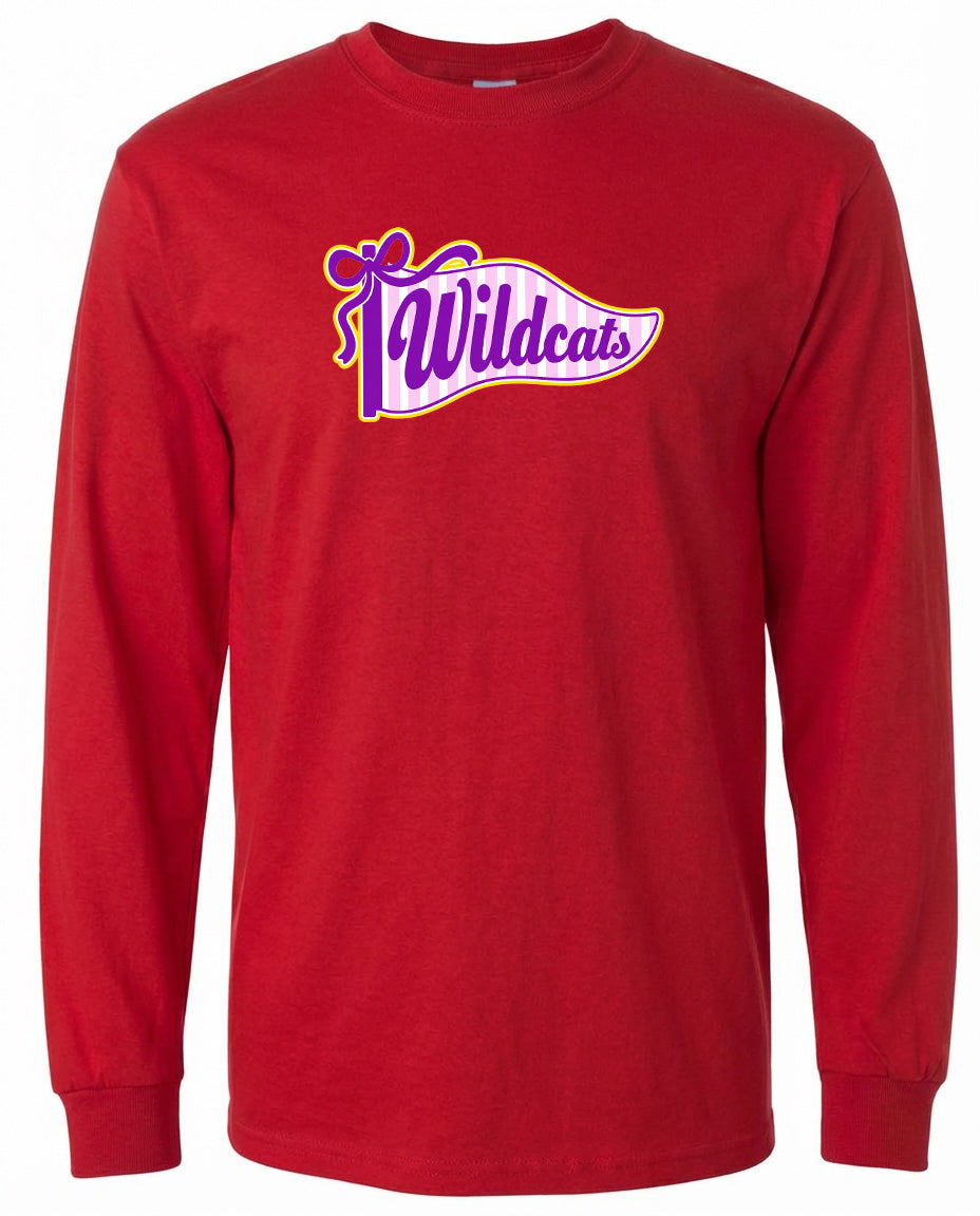 A red long-sleeved t-shirt with a purple and yellow graphic design on the front, featuring the text "Wildcats" in a stylized font.