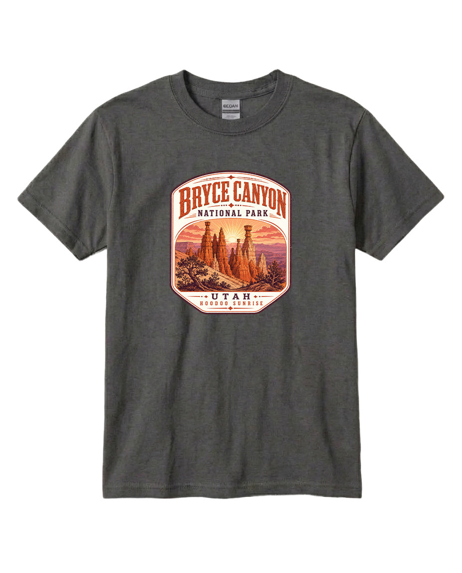 A gray t-shirt with a graphic design depicting the Bryce Canyon National Park in Utah.