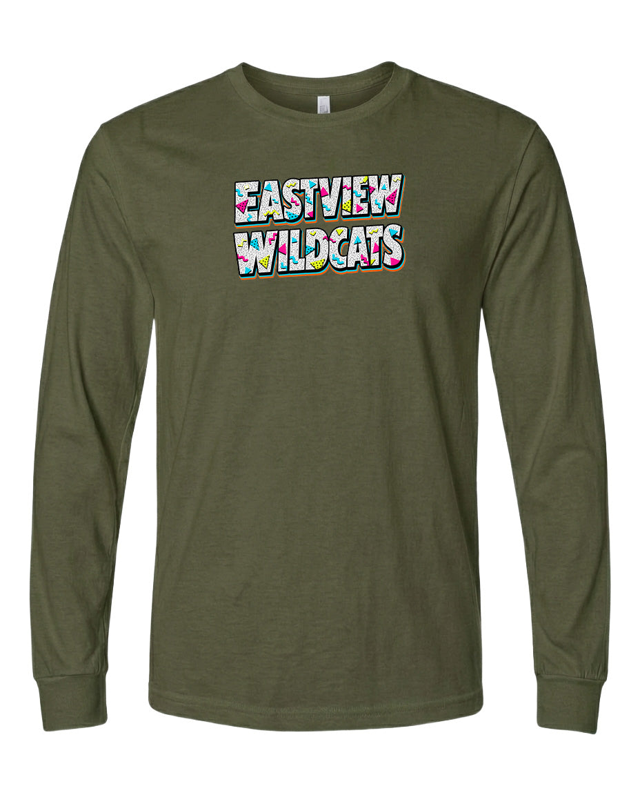 A long-sleeved olive green t-shirt with the text "EASTVIEW WILDCATS" printed on it in a colorful, stylized font.