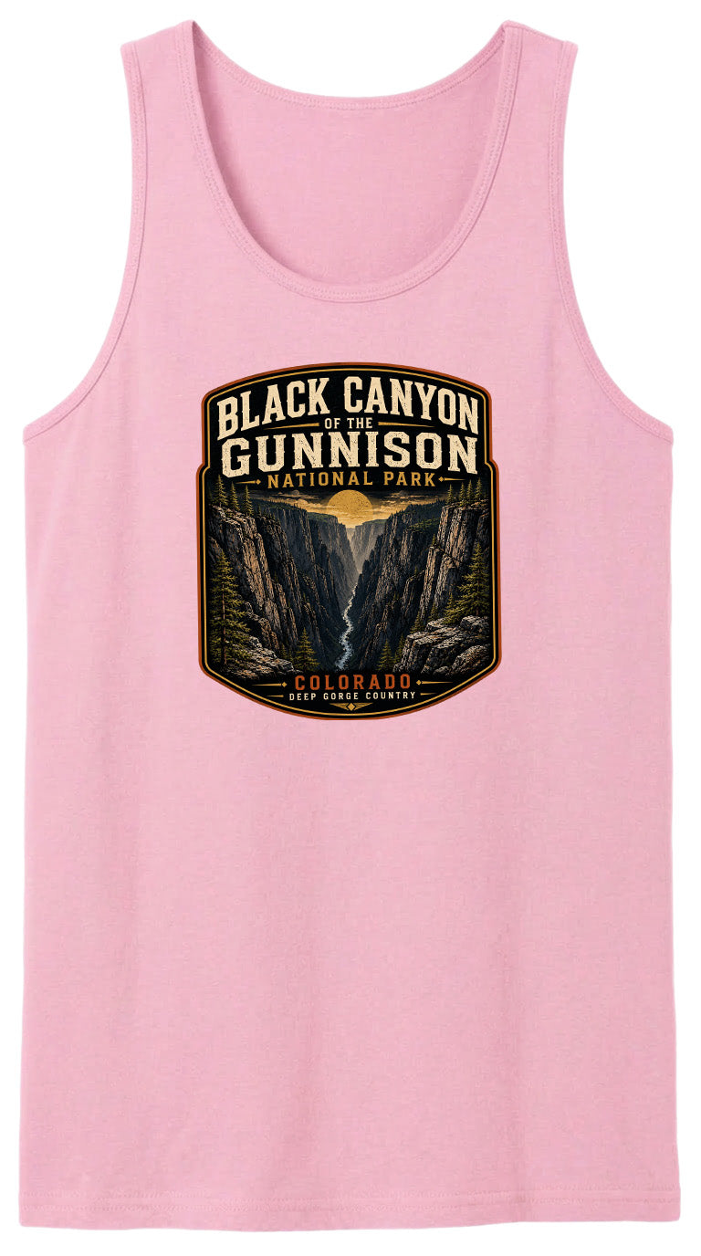 A pink tank top with a graphic design depicting the Black Canyon of the Gunnison National Park in Colorado.
