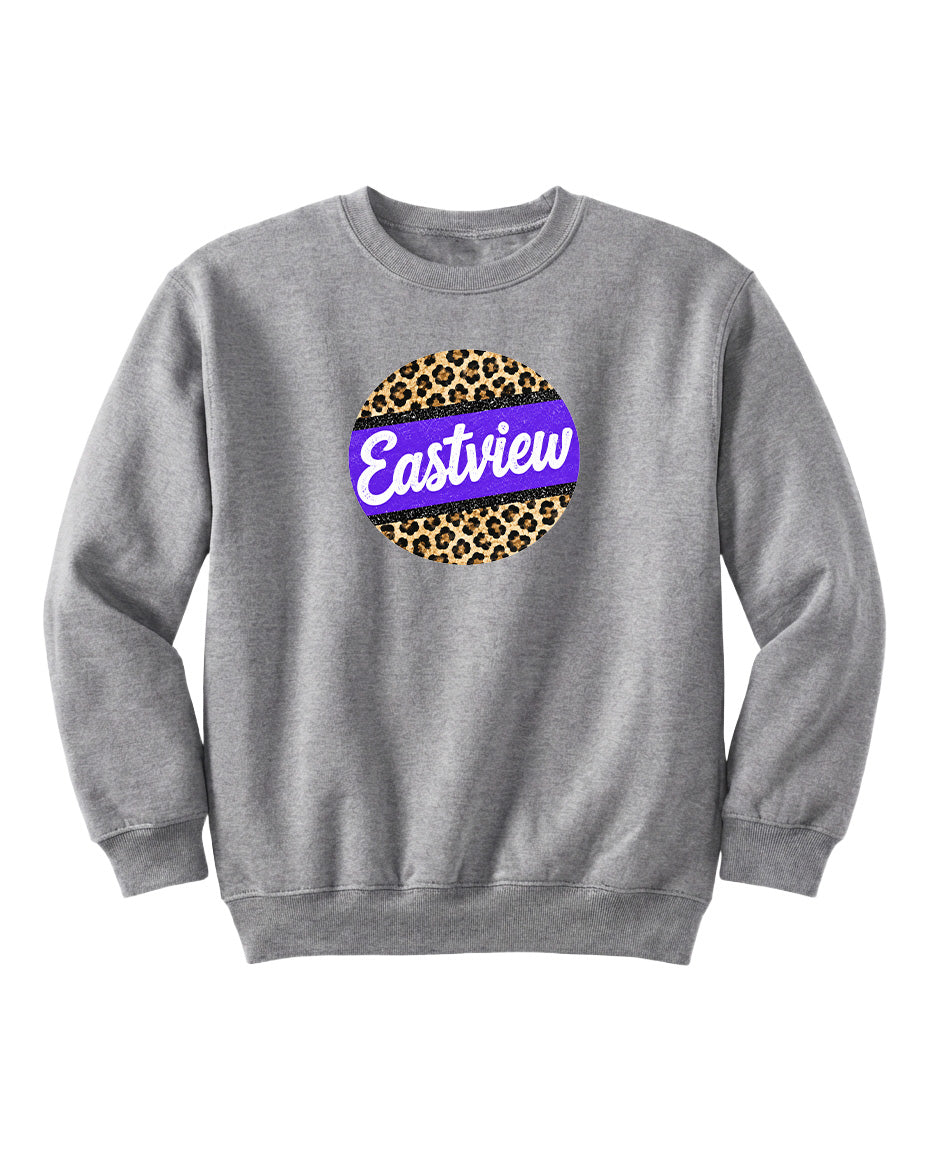 A gray sweatshirt with a leopard print design and the word "Eastview" printed on it.