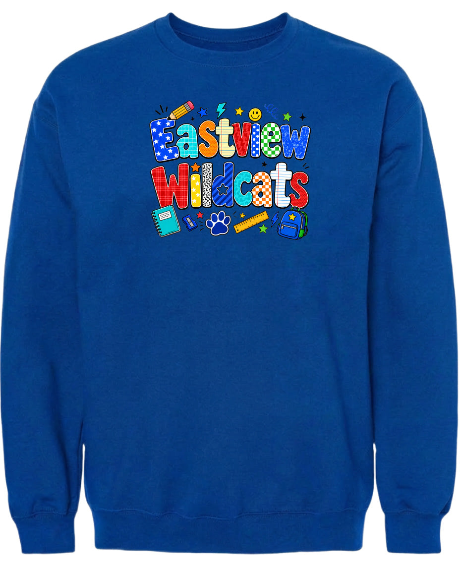 A blue sweatshirt with the text "Eastview Wildcats" printed on it.